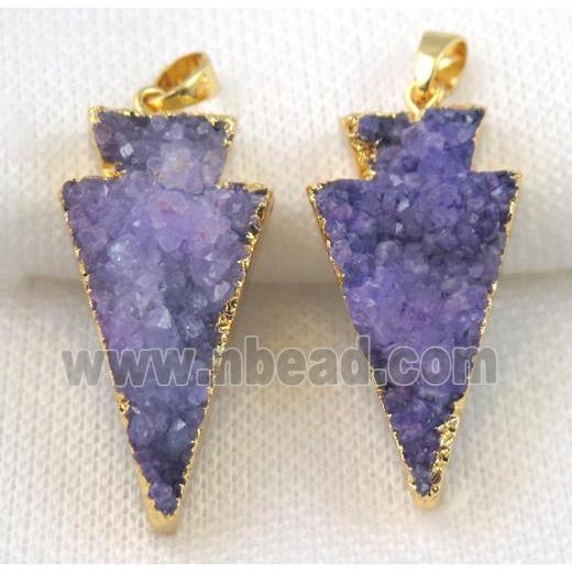 purple druzy quartz pendant, arrowhead, gold plated