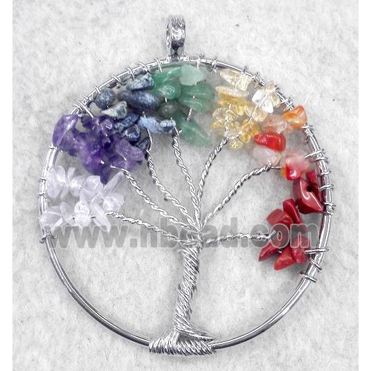 Gemstone Chips Chakra Pendant Tree Of Life Wire Wrapped Platinum Plated