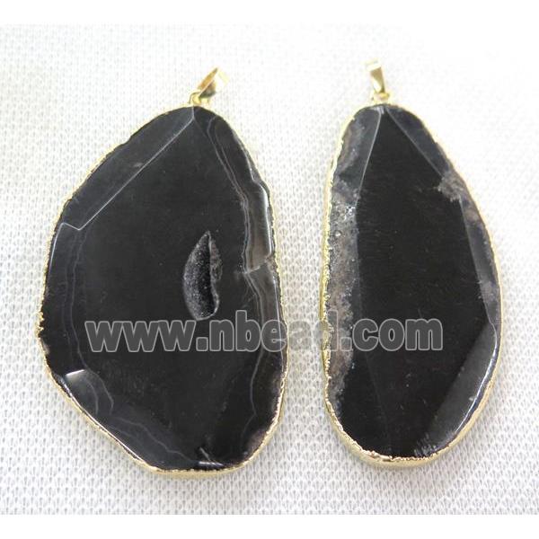 black agate slice pendant, faceted freeform, gold plated