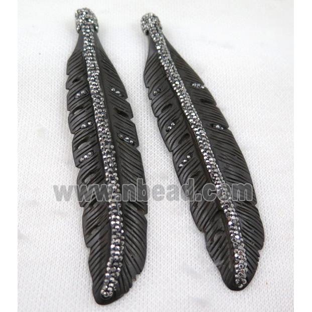 bone feather pendant paved rhinestone, black