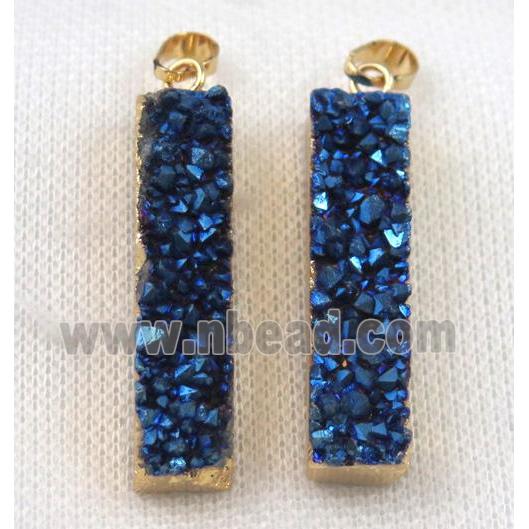 druzy quartz pendant, blue, rectangle, gold plated