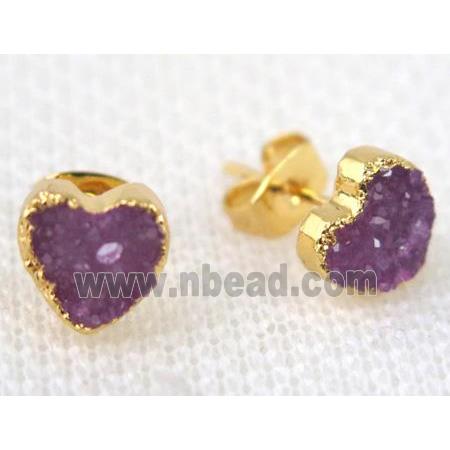 hotpink agate druzy heart earring stud, copper, gold plated