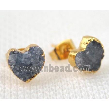 agate druzy heart earring stud, natural color, copper, gold plated