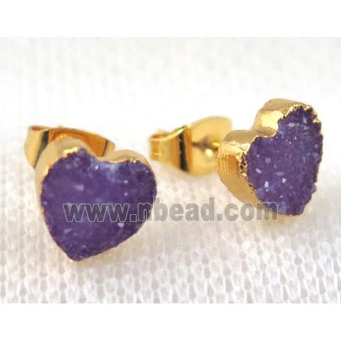 purple agate druzy heart earring stud, copper, gold plated