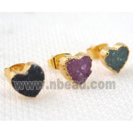 agate druzy heart earring stud, mix color, copper, gold plated