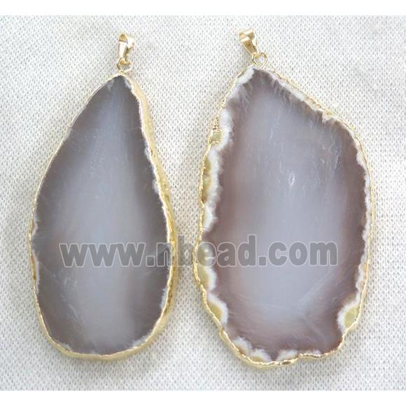 gray agate slice pendant, freeform, gold plated