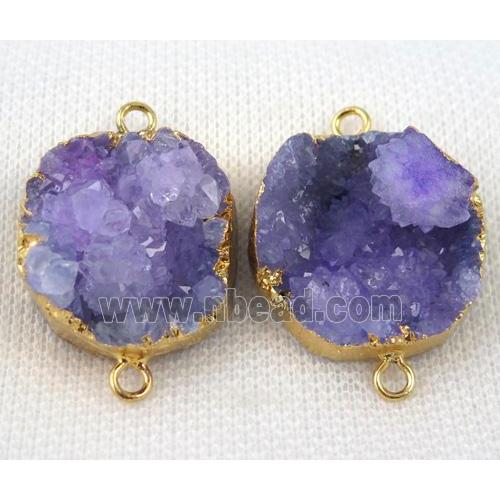 purple druzy agate connector, flat-round, gold plated