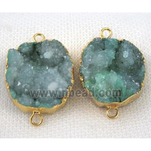 green druzy agate connector, flat-round, gold plated