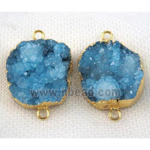 blue druzy agate connector, flat-round, gold plated