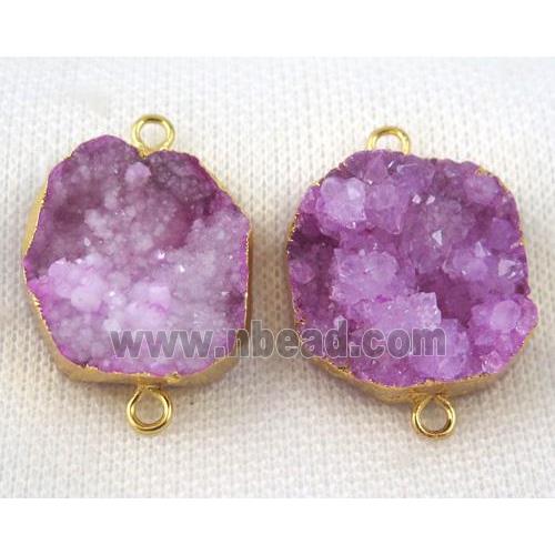 hotpink druzy agate connector, flat-round, gold plated