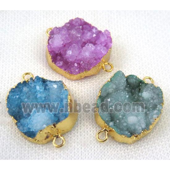 druzy agate connector, flat-round, gold plated, mix color