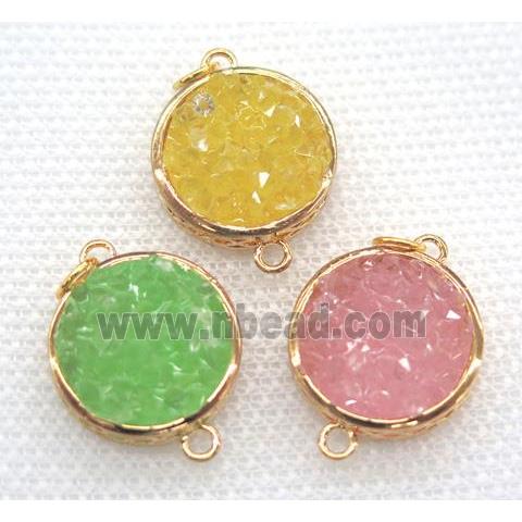 resin druzy connector, mix color, flat-round, gold plated