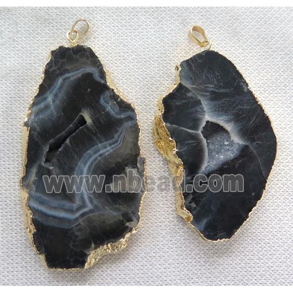 black agate slice pendant with geode, freeform, gold plated