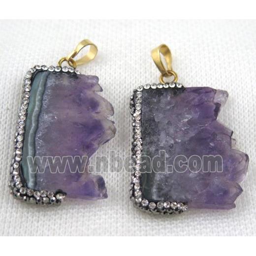 amethyst druzy slice pendant paved rhinestone, freeform, purple