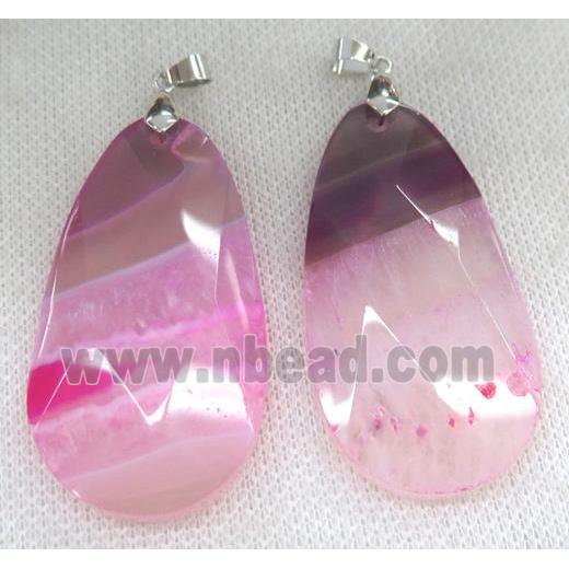 pink druzy agate pendant, faceted teardrop