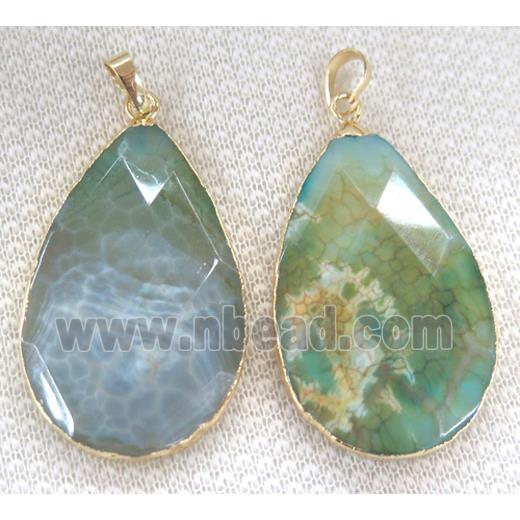 green dragon veins agate pendant, faceted teardrop, gold plated