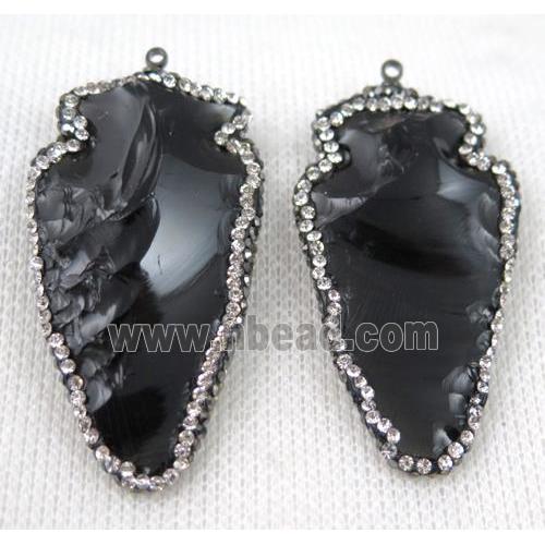 hammered black Obsidian penant paved rhinestone, arrowhead