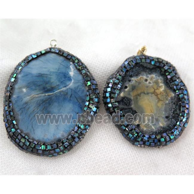 dragon veins agate slice pendant paved abalone shell foil, rhinestone, mix color