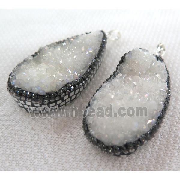druzy quartz pendant paved silver foil, rhinestone, white ab-color