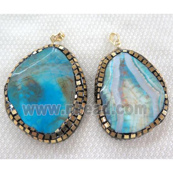 blue dragon veins agate pendant paved gold foil, rhinestone, faceted freeform