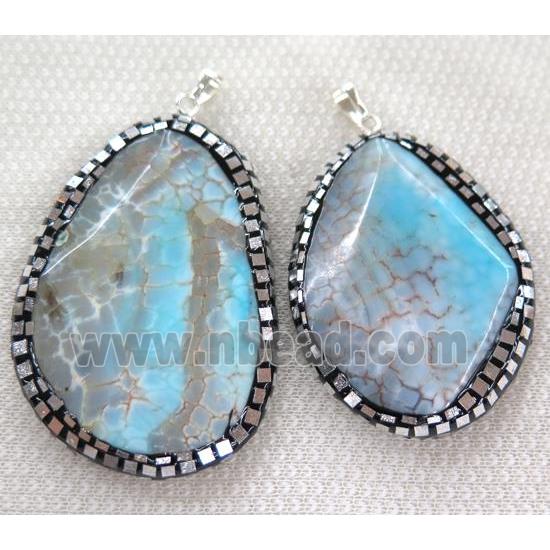 blue dragon veins agate pendant paved silver foil, rhinestone, faceted freeform