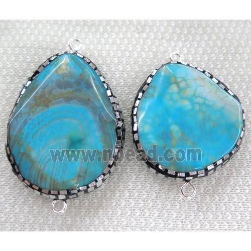 blue dragon veins agate connector paved silver foil, rhinestone, faceted freeform