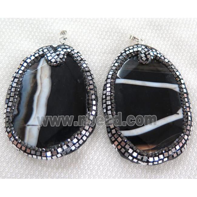 black agate pendant paved silver foil, rhinestone, freeform slice