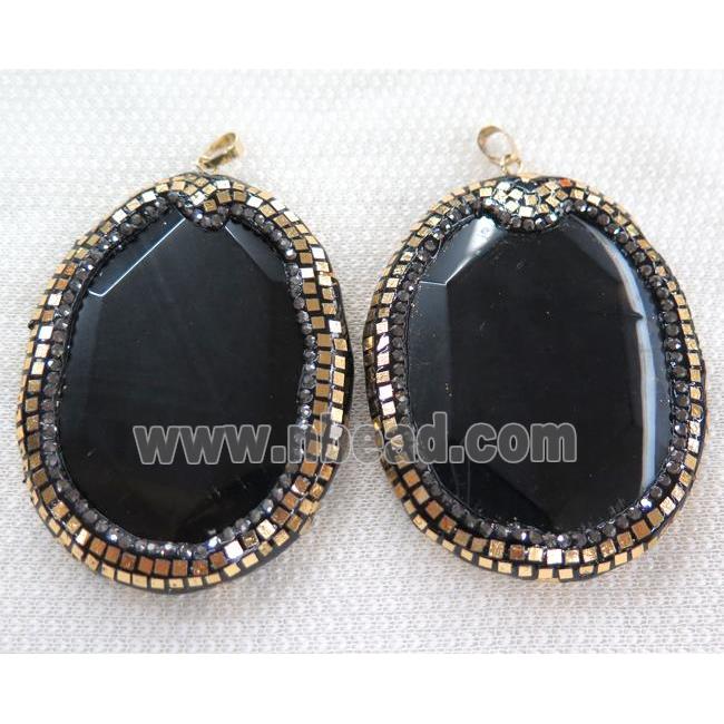 black agate pendant paved gold foil, rhinestone, faceted freeform slice