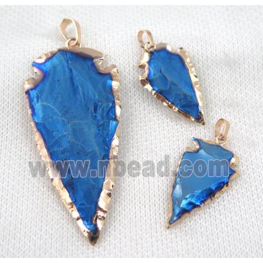 hammered Rock Agate arrowhead pendant, blue electroplated