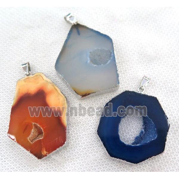 agate geode druzy pendant, mix color, freeform, silver plated