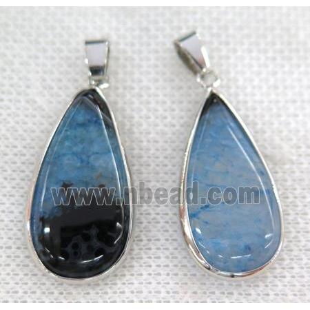 blue druzy agate pendant, teardrop, silver plated
