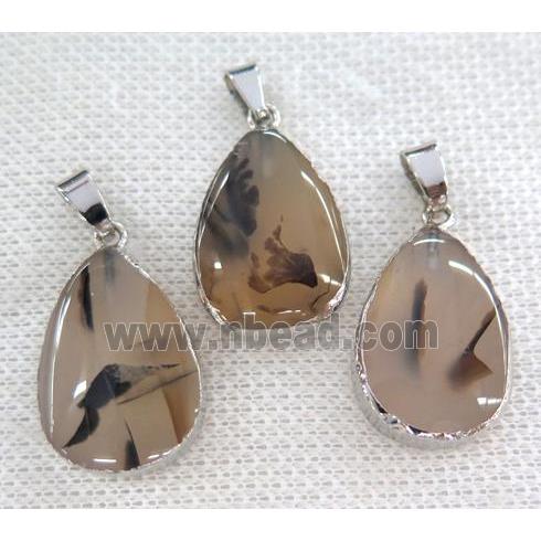 Heihua Agate pendant, teardrop, silver plated