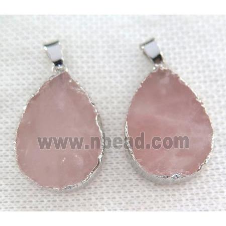 rose quartz pendant, teardrop, silver plated
