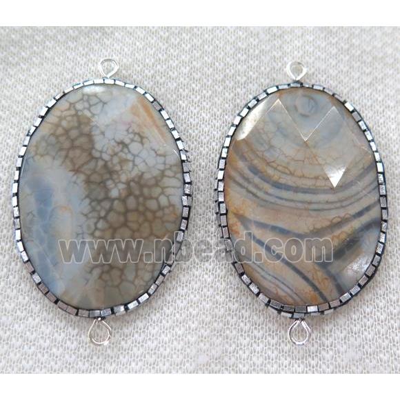 Dragon veins Agate connector pave silver foil, faceted oval