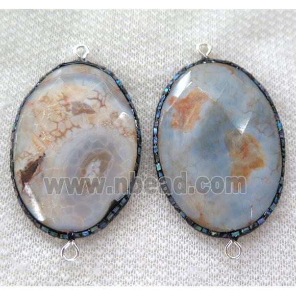 Dragon veins Agate connector pave abalone shell foil, faceted oval