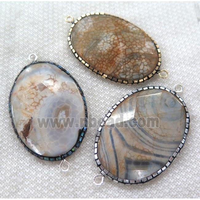Dragon veins Agate connector pave foil, faceted oval