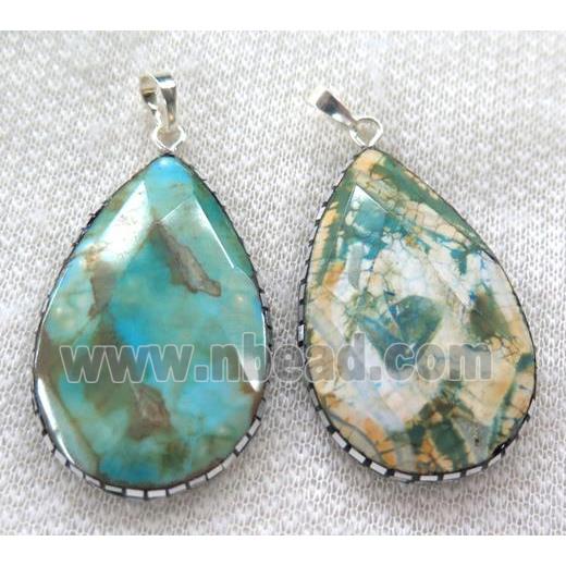 green Dragon veins Agate pendant pave silver foil, faceted teardrop