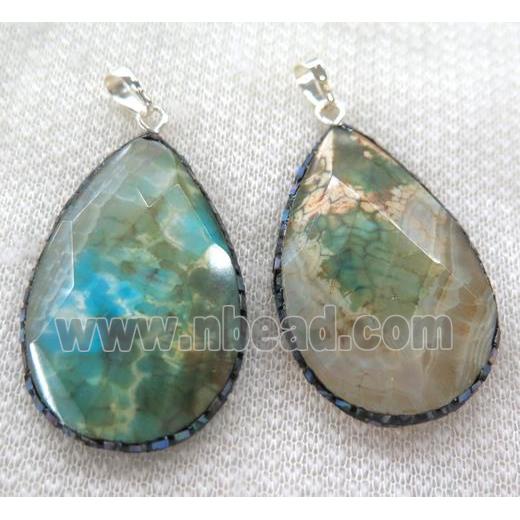 green Dragon veins Agate pendant pave abalone shell foil, faceted teardrop