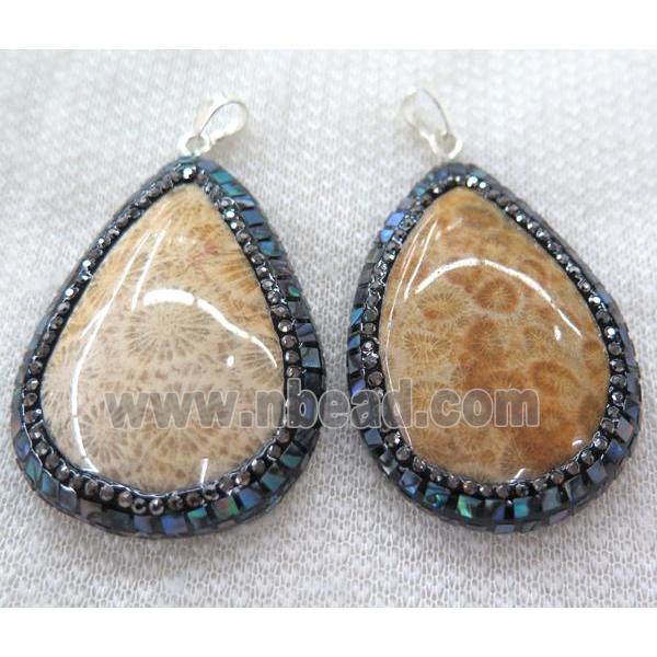 Coral Fossil Pendant Pave Abalone Shell Foil, teardrop