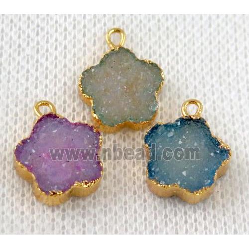 druzy agate flower pendant, mix color, gold plated