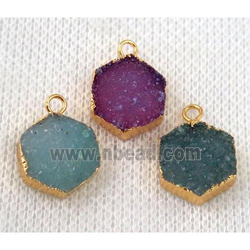 druzy agate hexagon pendant, mix color, gold plated