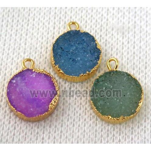 druzy agate pendant, mix color, flat-round, gold plated