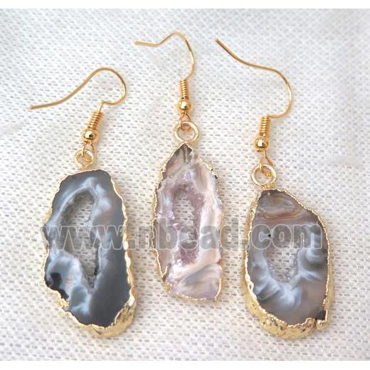 druzy agate Earring, freeform slice, gold plated