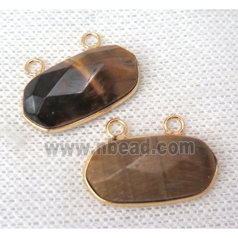 Tiger eye stone pendant with 2loops, yellow, faceted oval, gold plated