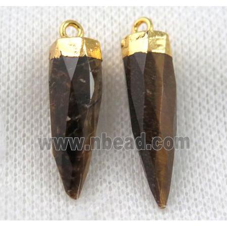 Tiger eye stone pendant, faceted bullet, gold plated