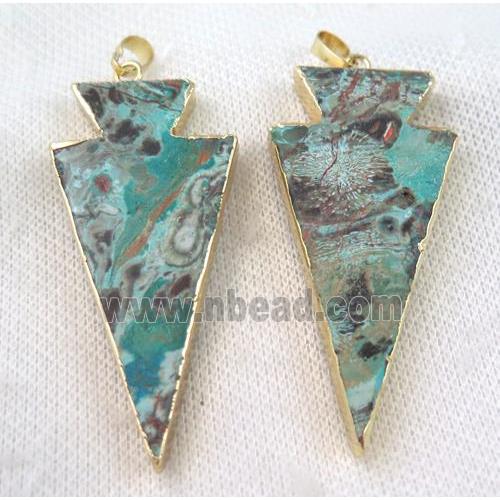 Ocean Jasper arrowhead pendant, blue, gold plated