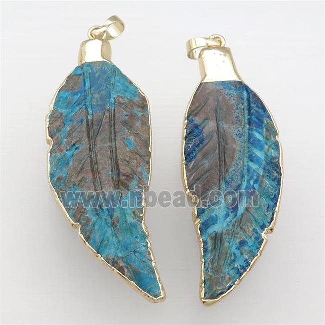 Ocean Jasper leaf pendant, blue, gold plated