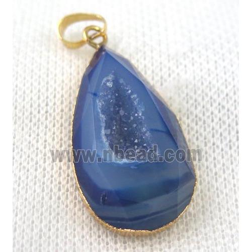 blue agate druzy pendant, faceted teardrop, gold plated
