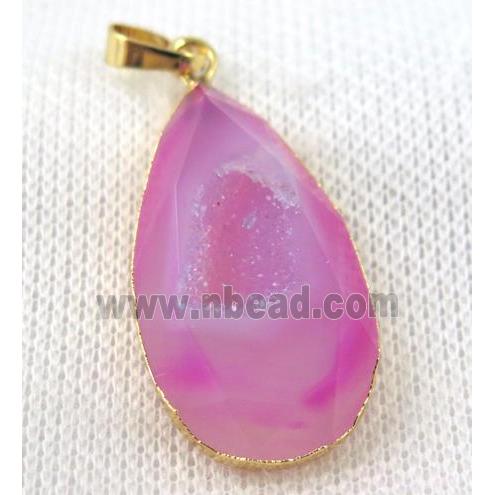 pink agate druzy pendant, faceted teardrop, gold plated