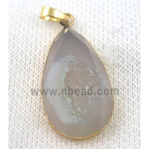 gray agate druzy pendant, faceted teardrop, gold plated